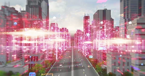 Smart city infrastructure with holographic data connectivity. Stock Footage 337182494