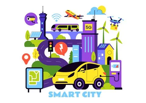 Smart City Infrastructure Illustration featuring an Urban Landscape with Bu.. Ilustración de archivo