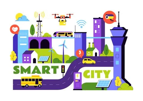 Smart City Infrastructure Illustration featuring an Urban Landscape with Bu.. Illustrazione stock