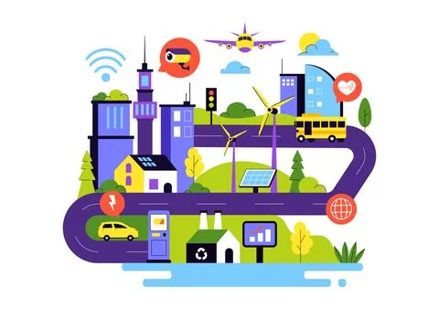 Smart City Infrastructure Illustration featuring an Urban Landscape with Bu.. Ilustración de archivo