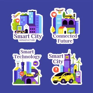 Smart City Infrastructure Label Design with Flat Cartoon Hand Drawn Illustr.. Ilustración de archivo