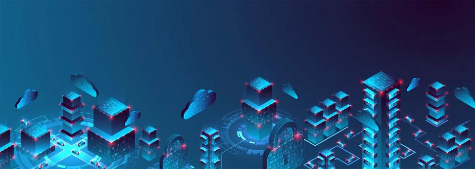Smart city. Isometric big data concept, database.  Abstract technology backgr 스톡 일러스트