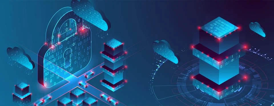 Smart city. Isometric big data concept, database.  Abstract technology backgr Illustrazione stock