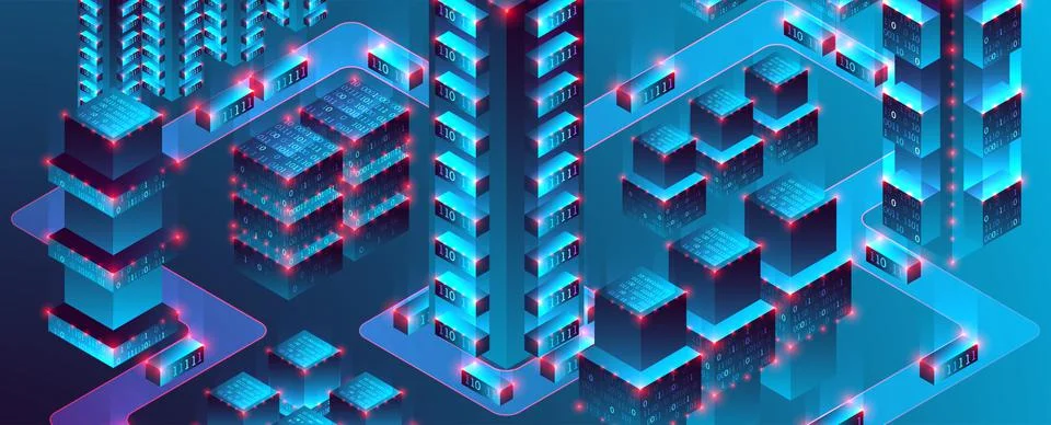 Smart city. Isometric big data concept, database.  Abstract technology backgr Stock Illustration