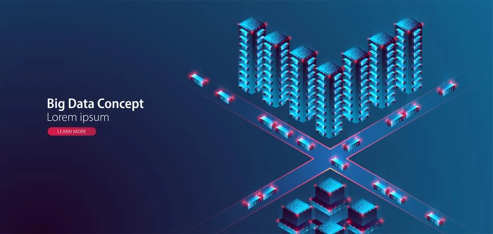 Smart city. Isometric big data concept, database.  Abstract technology backgr 스톡 일러스트