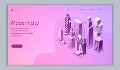 Smart city isometric vector web template. Intelligent buildings. Streets of Stock Illustration