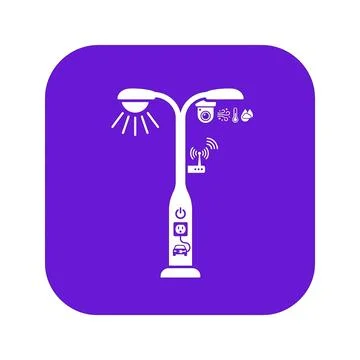 Smart city lamp post icon with purple background showing integrated urban s.. Stock Illustration