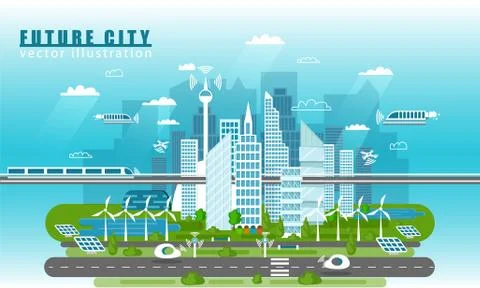 Smart city landscape of the future vector concept illustration in flat style Stock Illustration