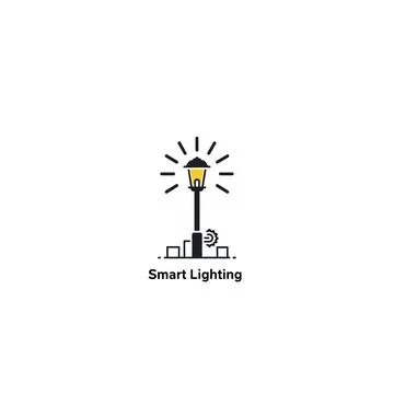Smart city lighting icon with glowing street lamp and urban buildings Stock Illustration