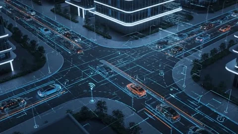 Smart City Network: Autonomous Vehicles and Digital Traffic Flow Stock Footage 313246344