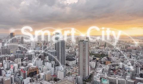 Smart city, Network connection technology in the city in sunset Stock Photos