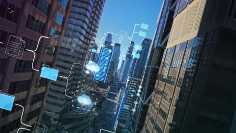 Smart city network with data visualization and augmented reality graphics Stock Footage 345492521