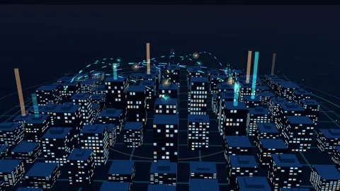 Smart city at night with a data network overlay of glowing nodes Video stock 341073009