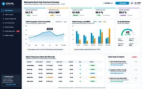 Smart City Operations Dashboard with Real Time Urban Infrastructure Data Illustrazione stock