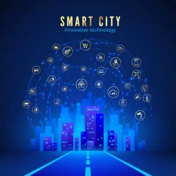 Smart city or IOT concept. Road leading to city landscape in blue color and g Stock Illustration