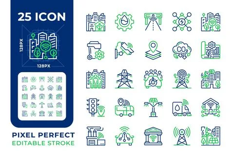 Smart city pixel perfect two color line icons set Illustrazione stock