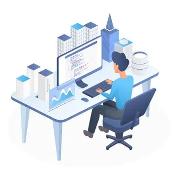 Smart city programming isometric vector illustration Illustration