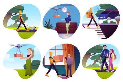 Smart city scenes vector flat illustration, people and robotic dog, robot Stock Illustration