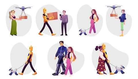 Smart city scenes vector flat set, cartoon people and robotic dog, robot and Stock Illustration