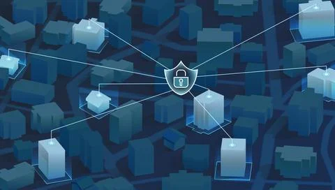 Smart city security system with connected houses and lock shield. Connected IoT Stock Illustration