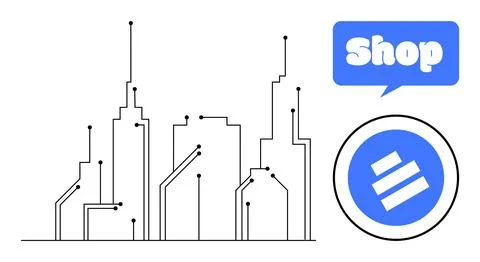 Smart City Skyline Connected with Digital Shopping Communication Bubble Stock Illustration
