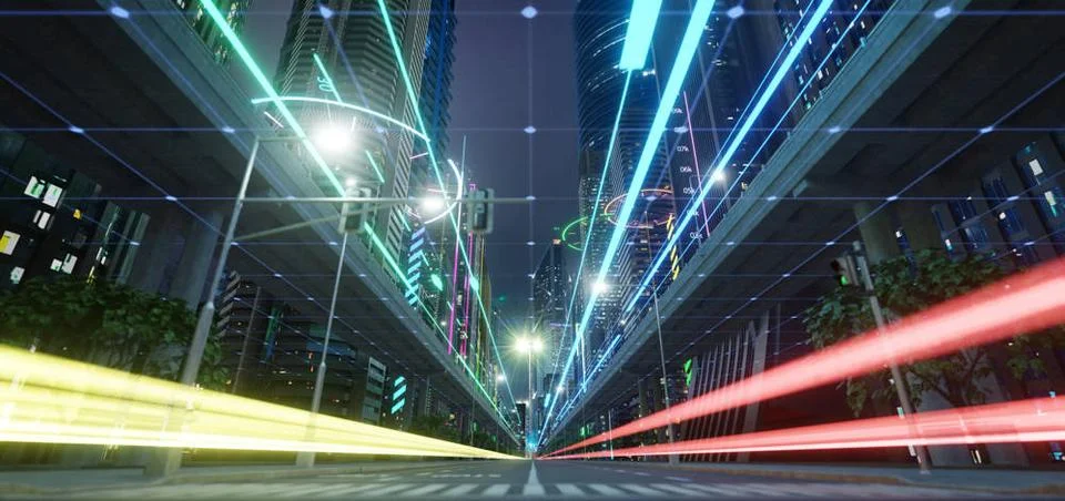 Smart city with speed light data connection Smart city with speed light da... Stock Photos
