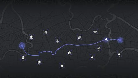 Smart city street network interface showing gps tracking path and service Stockillustratie