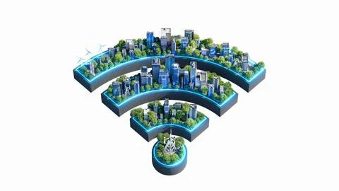 Smart City Tech Logo, wifi house. Smart city and Internet of things (IOT). 3d Ilustración de archivo