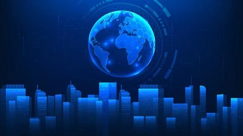 Smart city technology background featuring a global sphere at the center of.. Stockillustratie