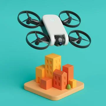 Smart City Technology Concept. Surveillance Drone Flying Over Cartoon Urban.. Ilustração Stock