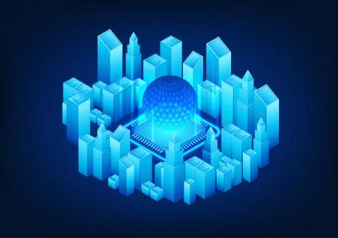 Smart city technology has a processor chip in the middle of the city. A sma.. 스톡 일러스트
