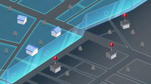 Smart city technology. Isometric city map with zoning and alert. Concept of safe Stock Illustration