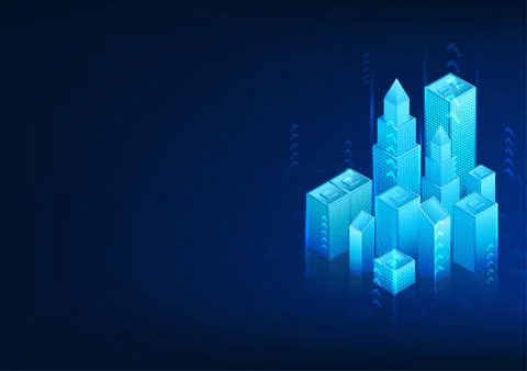 Smart city technology Isometric view with arrows around it. Shows a city th.. Stock Illustration