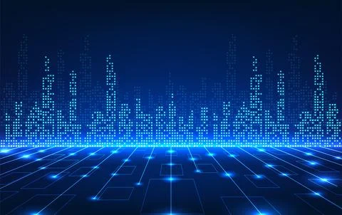 Smart city technology Pixel style city The front has technology circuit lin.. 스톡 일러스트