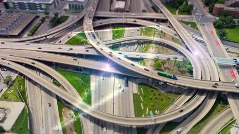 Smart city technology tracking autonomous vehicles with futuristic digital Stock Footage 345492237