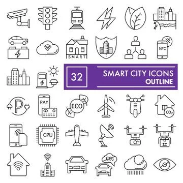 Smart city thin line icon set, communication symbols collection, vector sketches Ilustración de archivo
