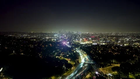 Smart city traffic data visualization over highway at night in Los Angeles Stock Footage 345491201