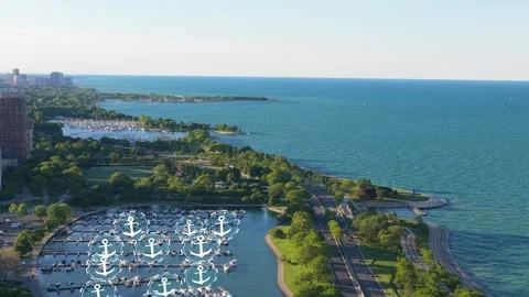 Smart city traffic data visualization with futuristic interface showing boats Stock Footage 345492360