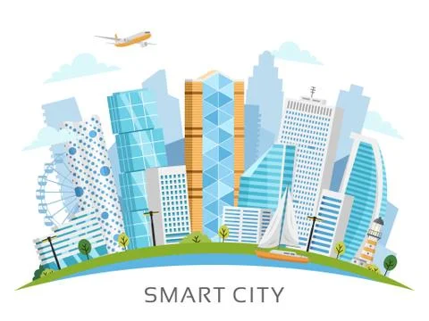 Smart city vector arch landscape with skyscrapers Stock Illustration