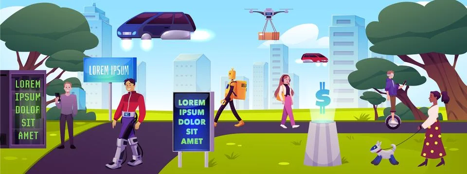 Smart city vector flat illustration, people and robotic dog, robot and Stock Illustration
