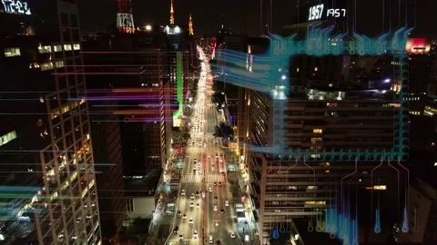 Smart City View With Animated Graphics - Downtown Landscape Stock Footage 161905703