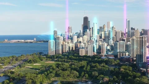Smart city visualizing big data flow and wireless communication network over Stock Footage 345491650
