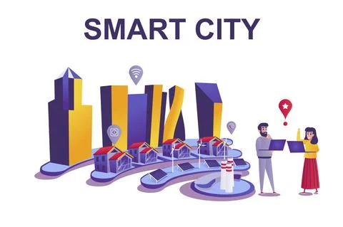 Smart city web concept in flat style. People use residential infrastructure a Stock Illustration