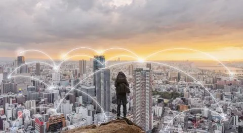Smart city, wireless network and internet system in the city Stock Photos
