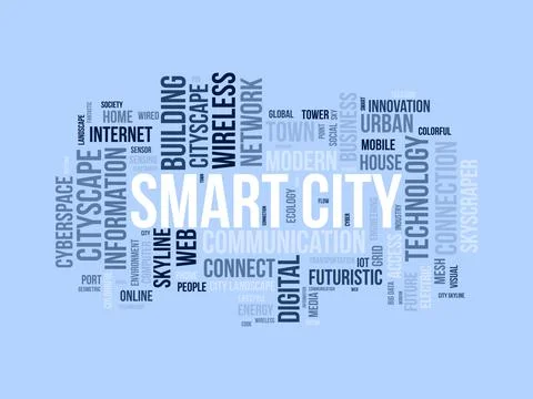 Smart City wordcloud template. Cityscape technology concept vector background Ilustración de archivo