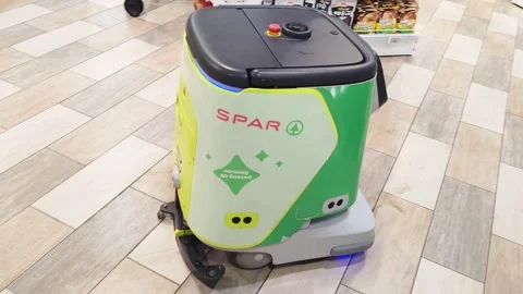 Smart Cleaning Robot With Digital Display In Grocery Store Stock Footage 333961753
