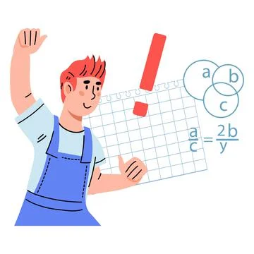 Smart clever schoolboy having solution for mathematical task, flat cartoon ve Illustrazione stock