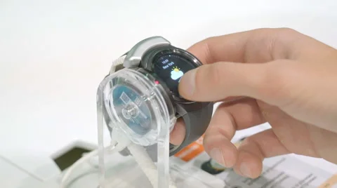 Smart Clock Management Finger on the Screen Menus and Functions of Watches Video stock 68386955