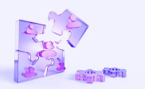 Smart collaboration 3d background. Hologram glass puzzle pieces with employee Stock-Illustration