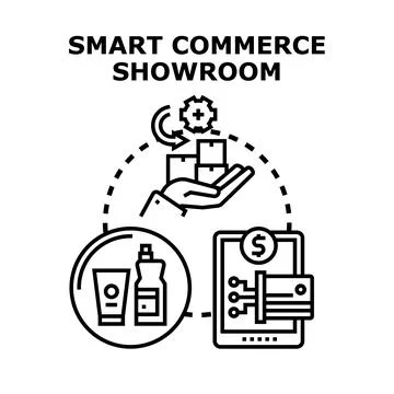Smart commerce showroom displaying online business transactions Stock Illustration